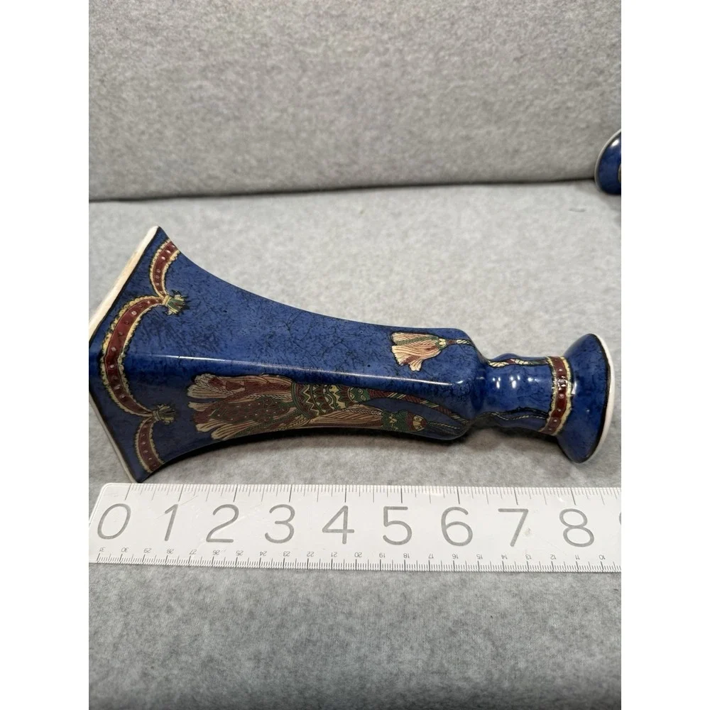 VTG Blue Cloisonne Porcelain Candlestick Holders Pair Chinese 8